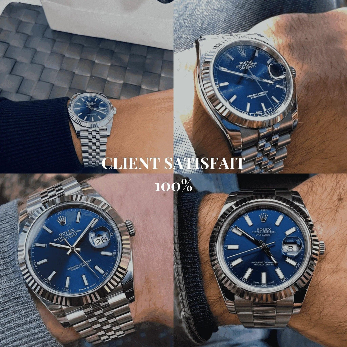 Men's Rolex Datejust 41 blue dial luxury watch on wrist, close-up details, satisfaction text