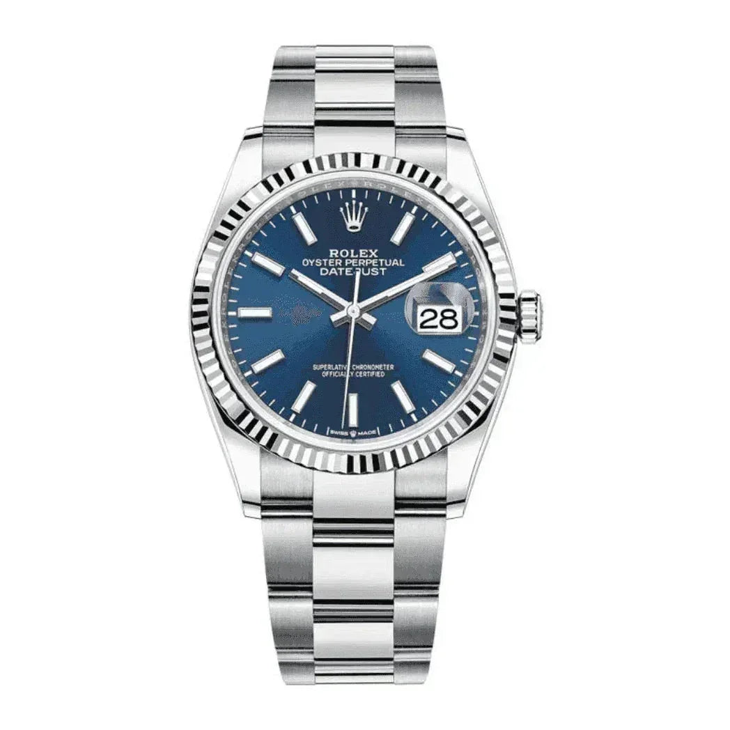 Men's Rolex Datejust 41mm watch with blue dial, silver metal bracelet, and date display