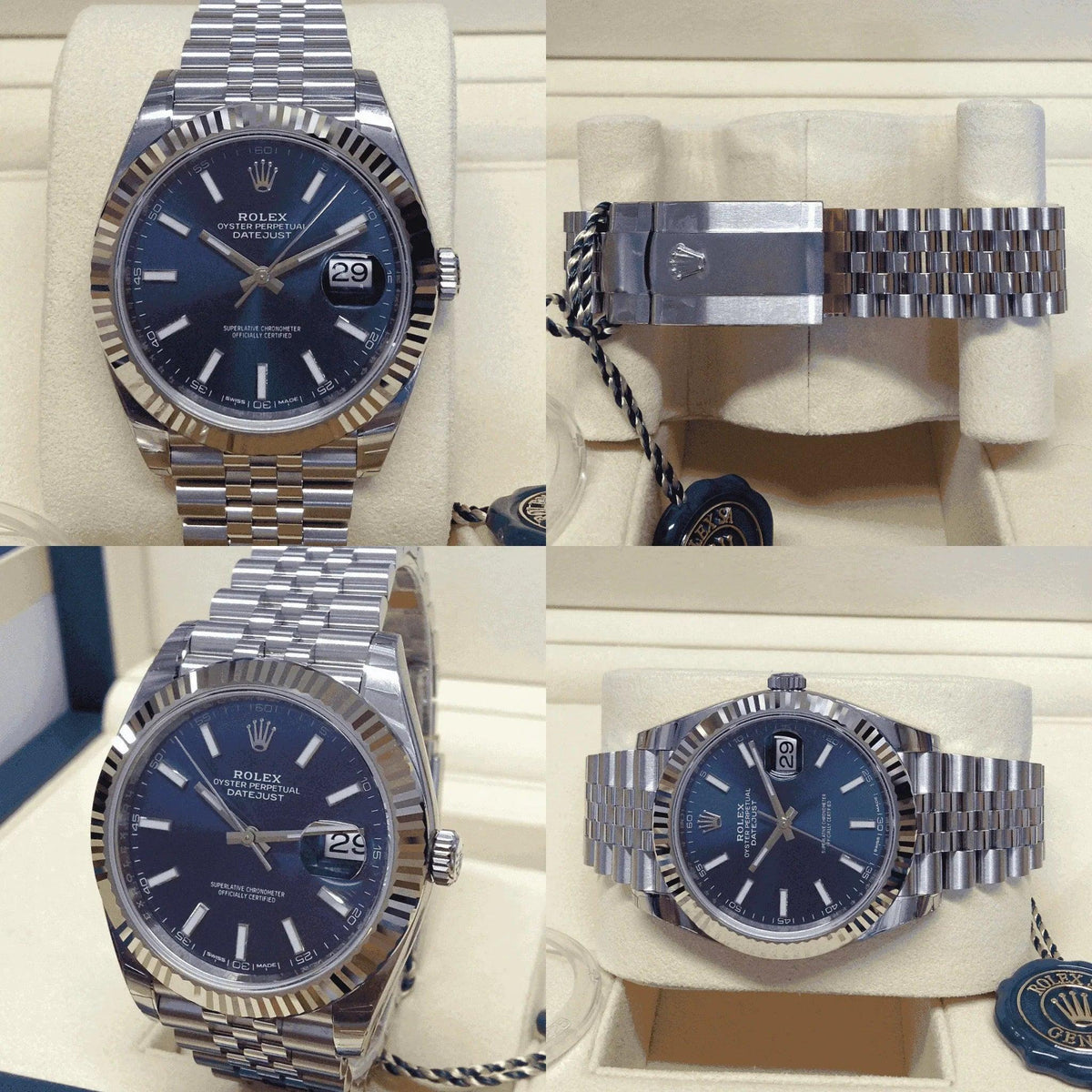 Rolex Datejust 41 blue dial men's watch with silver jubilee bracelet displayed in box