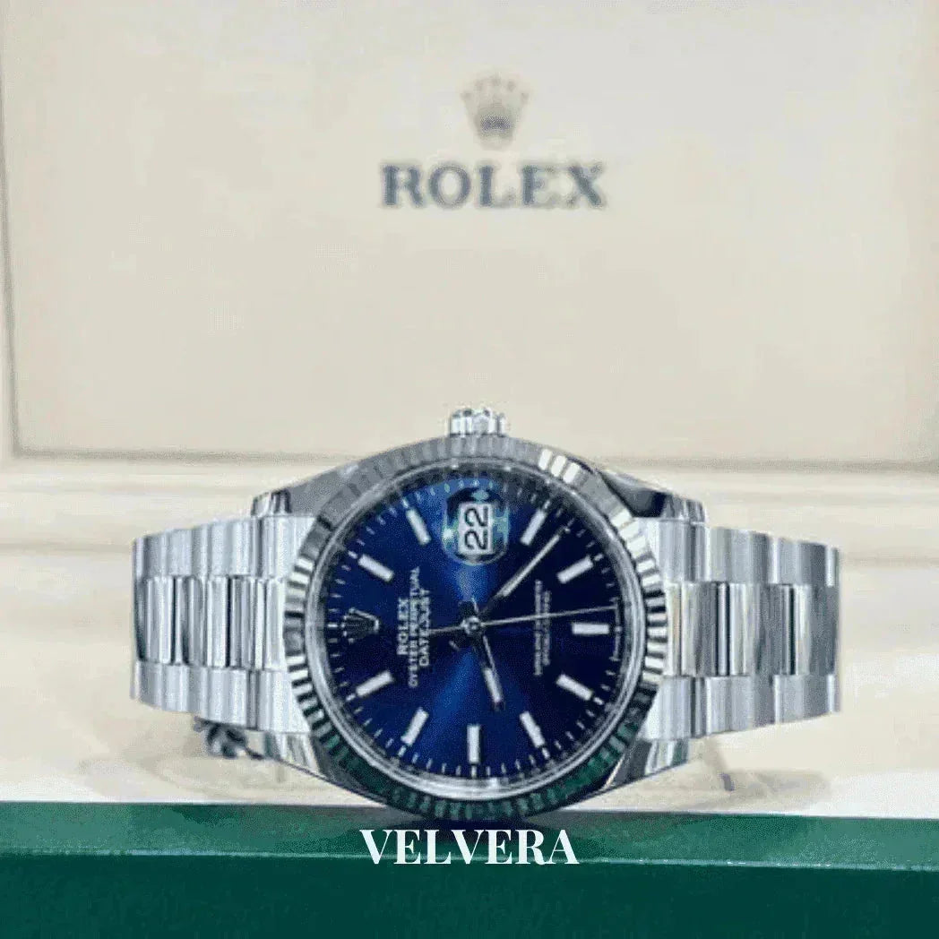 Rolex Datejust 41 blue dial men's watch with stainless steel bracelet, in front of Rolex box