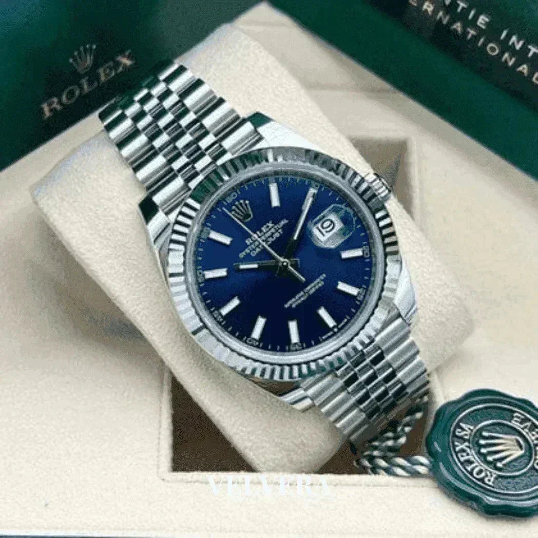 Rolex Datejust 41 men's watch blue dial silver bracelet in box luxury timepiece