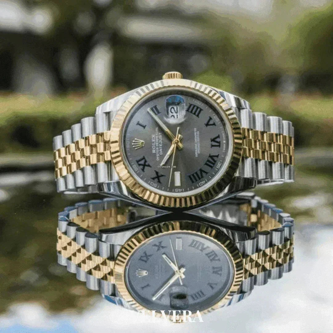 Men's Rolex Datejust Wimbledon Jubilee two-tone watch with grey dial reflected in water