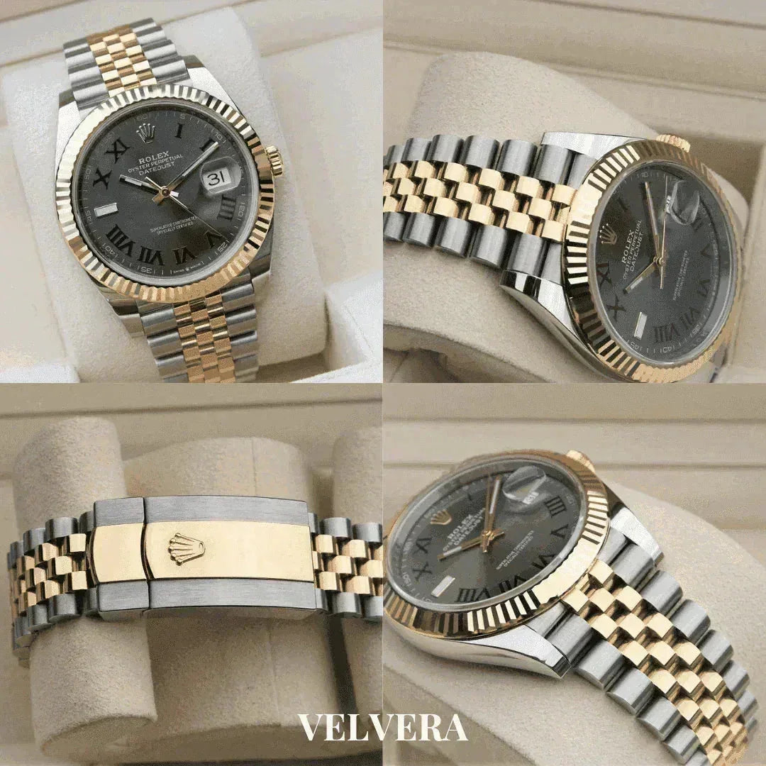 Rolex Datejust Wimbledon Jubilee men’s watch with two-tone metal bracelet on beige cushion