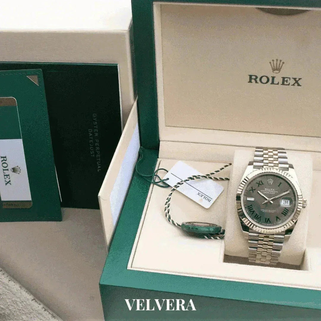 Rolex Datejust Wimbledon men's watch with silver jubilee bracelet in green box, VELVERA branding