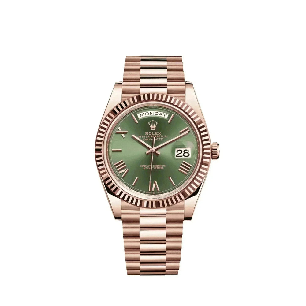 Men's day-date watch with green dial and rose gold bracelet on white background
