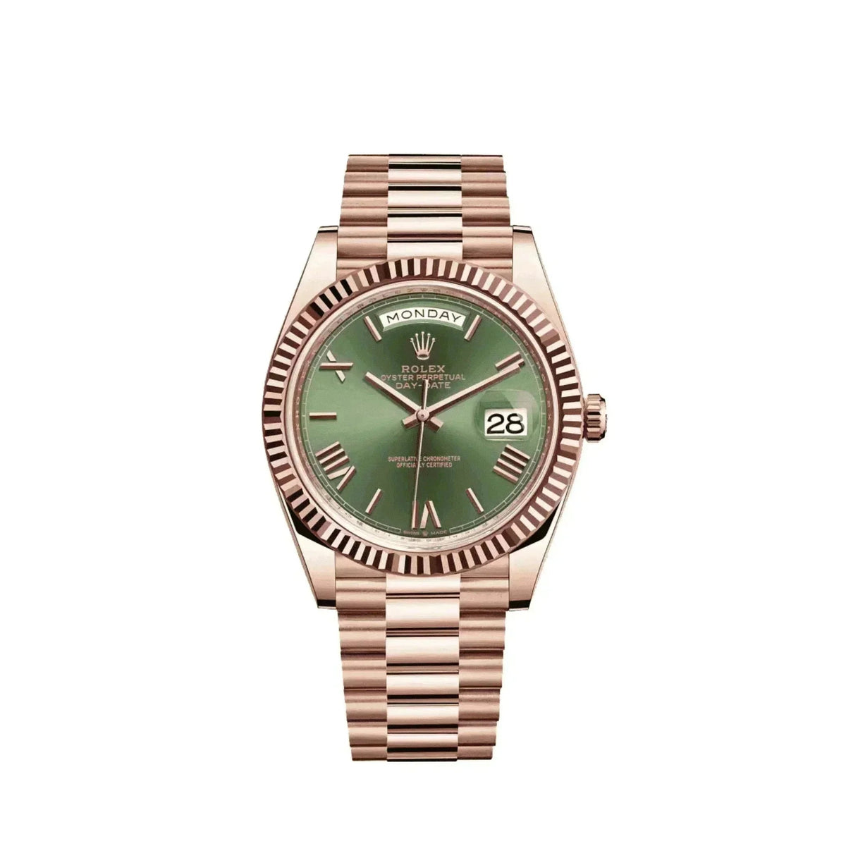 Men's day-date watch with green dial and rose gold bracelet on white background