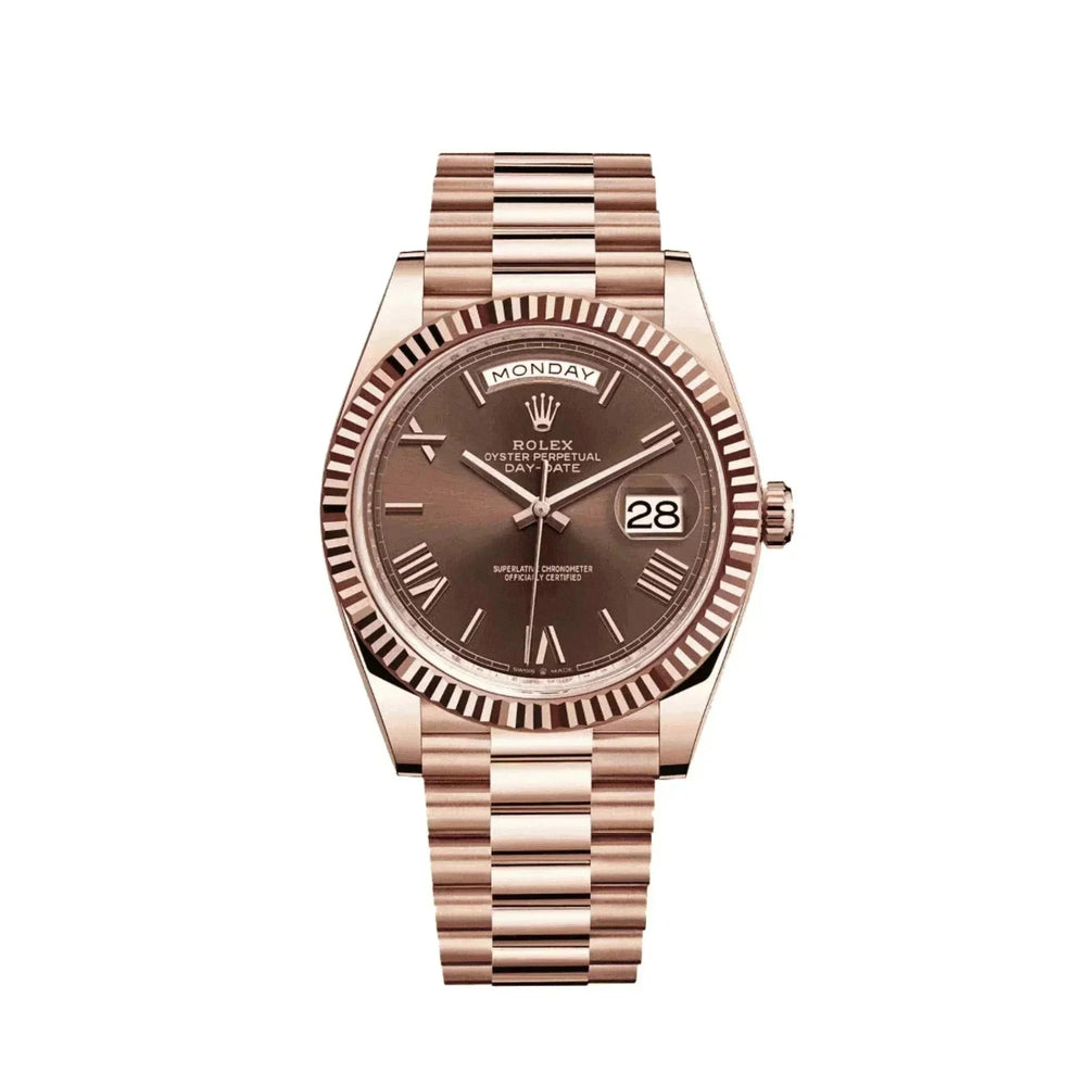 Men's chocolate dial rose gold day-date watch with Roman numerals and bracelet