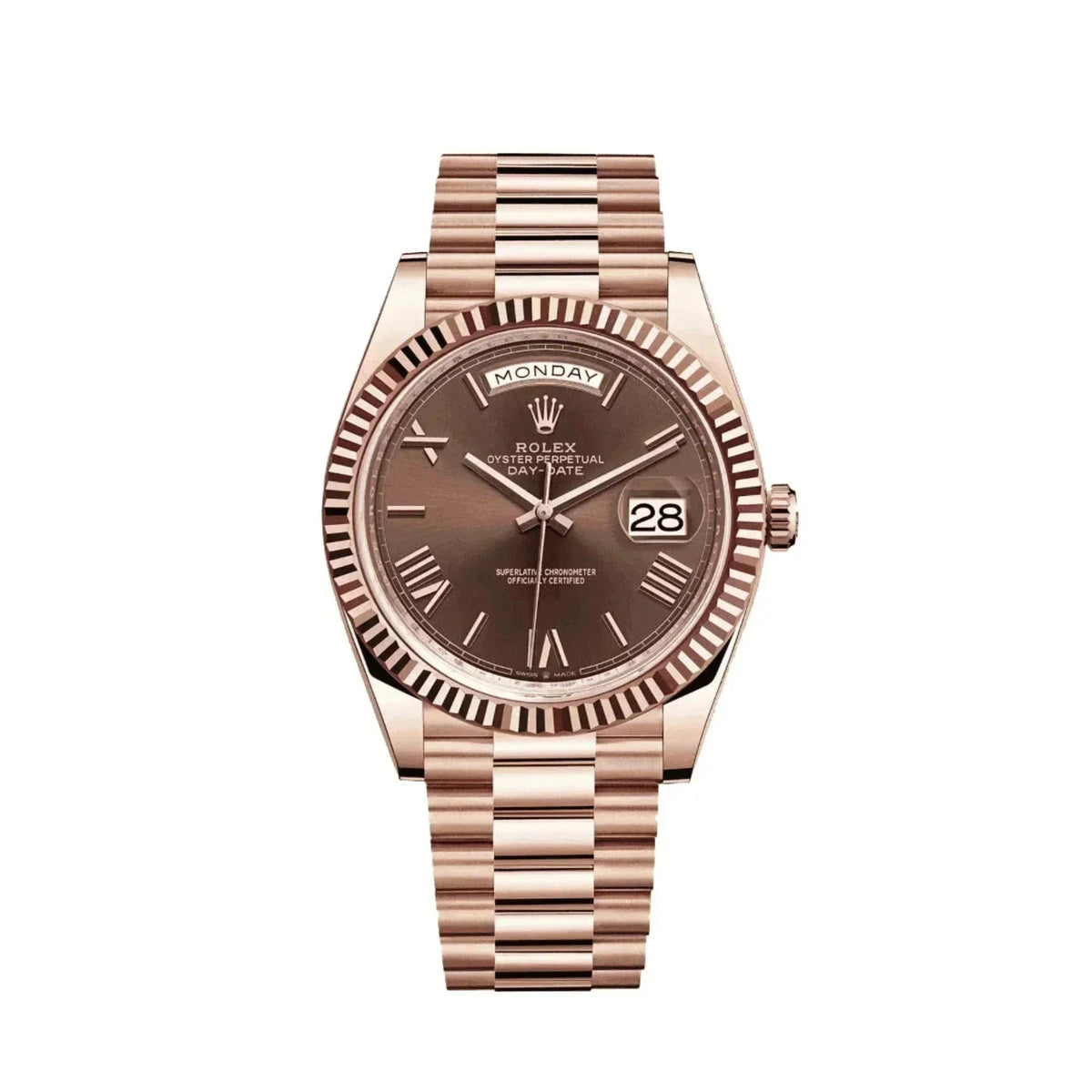 Men's chocolate dial rose gold day-date watch with Roman numerals and bracelet