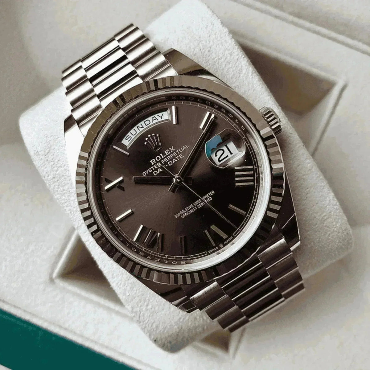 Men's Rolex Day-Date chocolate dial rose gold watch 40mm on cushion in display box