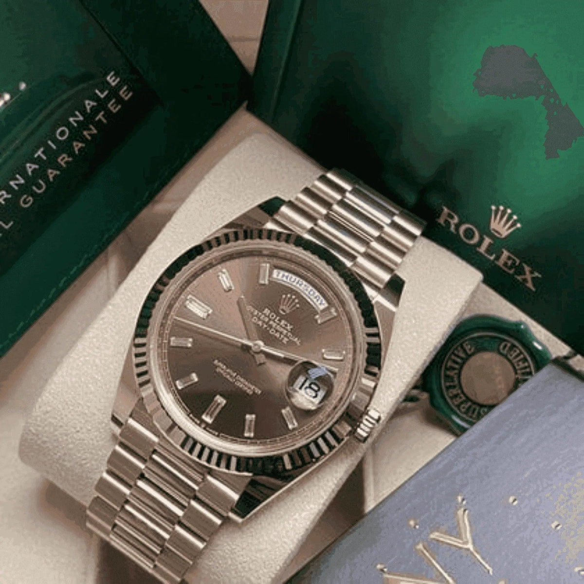Men's Rolex Day-Date chocolate rose gold watch 40mm with box and guarantee papers