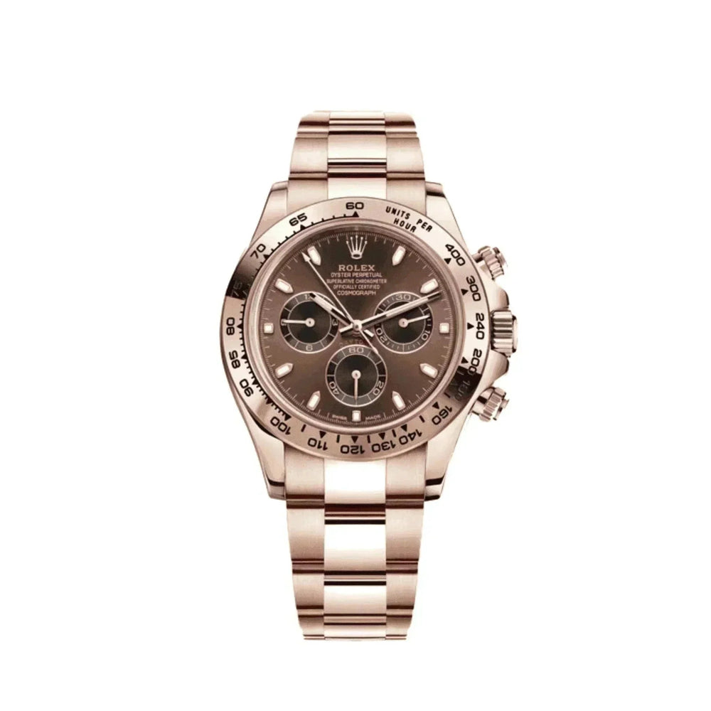 Men's Rolex Daytona Cosmograph 116505 rose gold watch with brown dial on white background