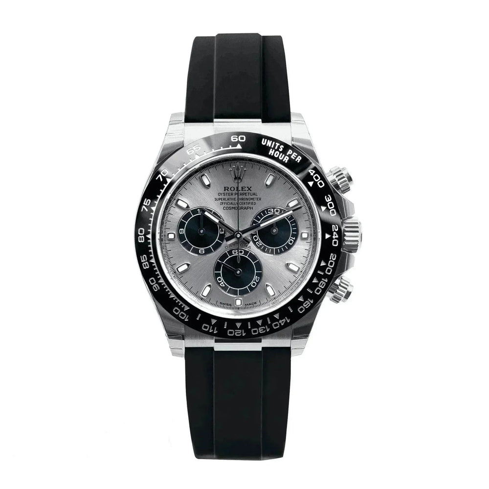 Rolex Daytona Cosmograph men's watch with grey dial, black bezel, and black rubber strap