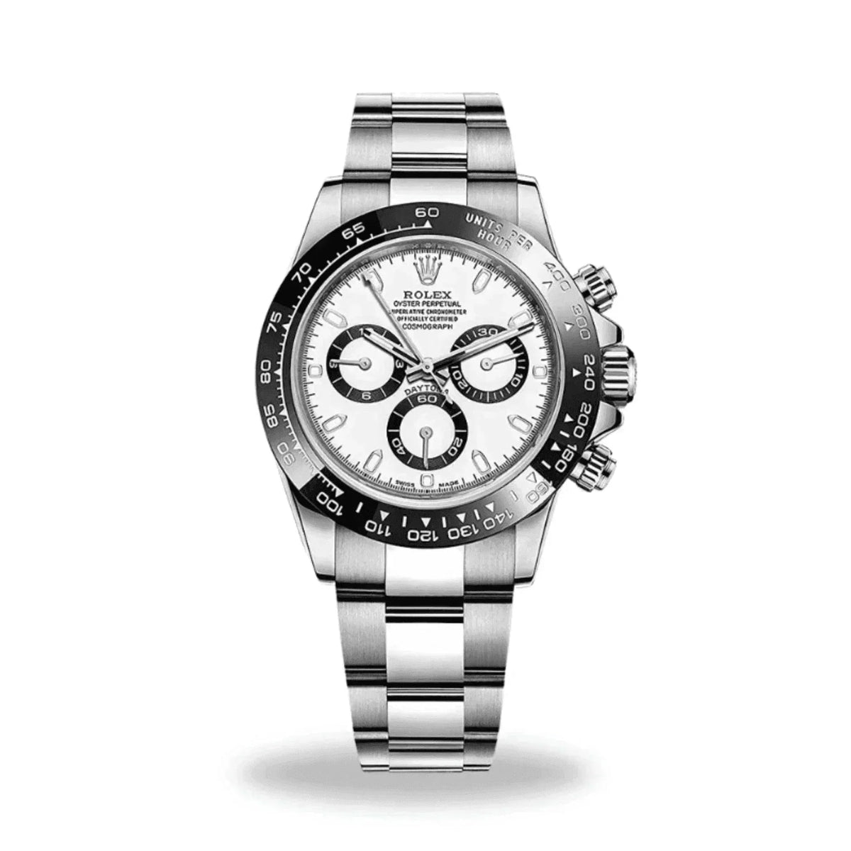 Men's silver chronograph wristwatch with black and white dial on white background