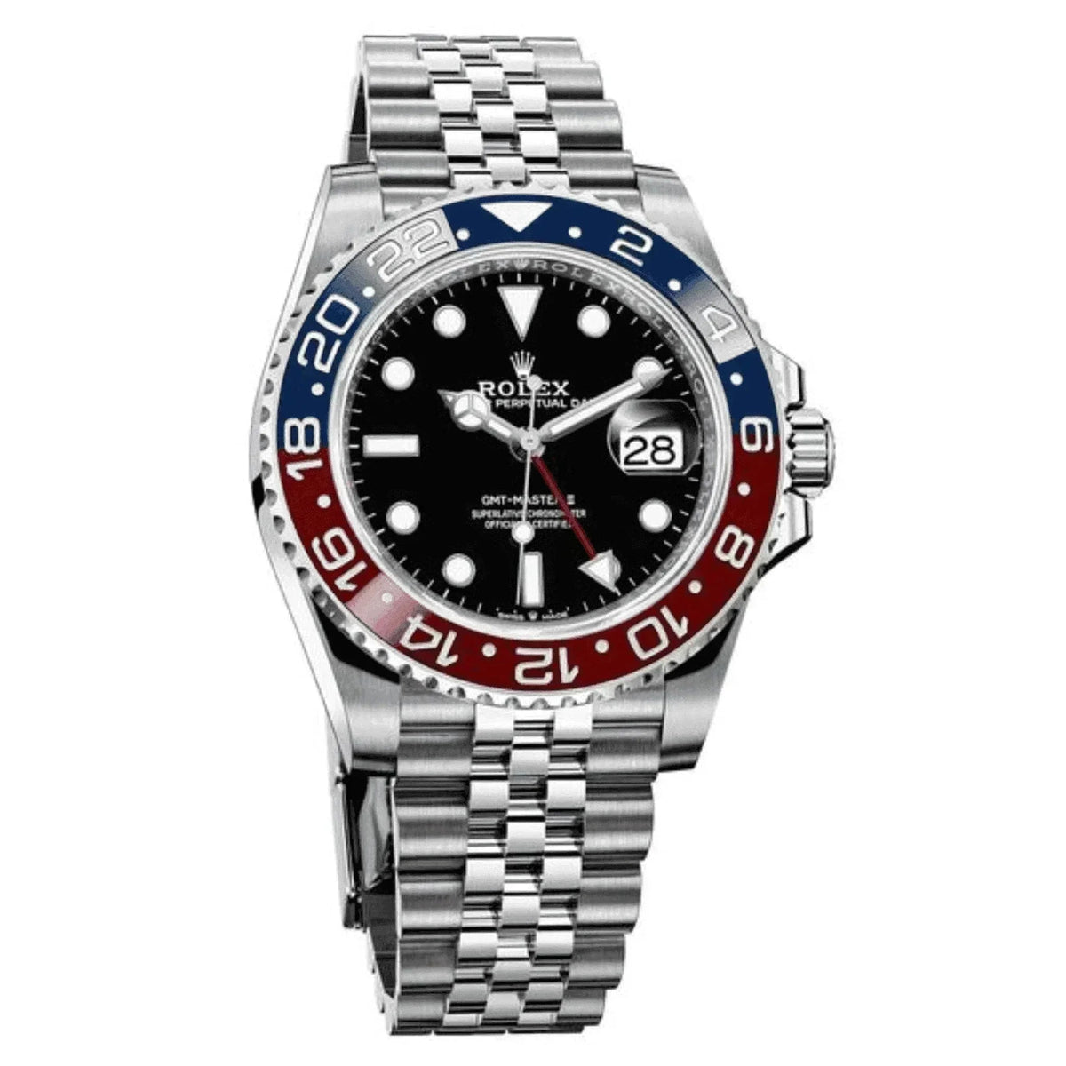Rolex GMT-Master II Pepsi stainless steel watch with red and blue bezel and jubilee bracelet