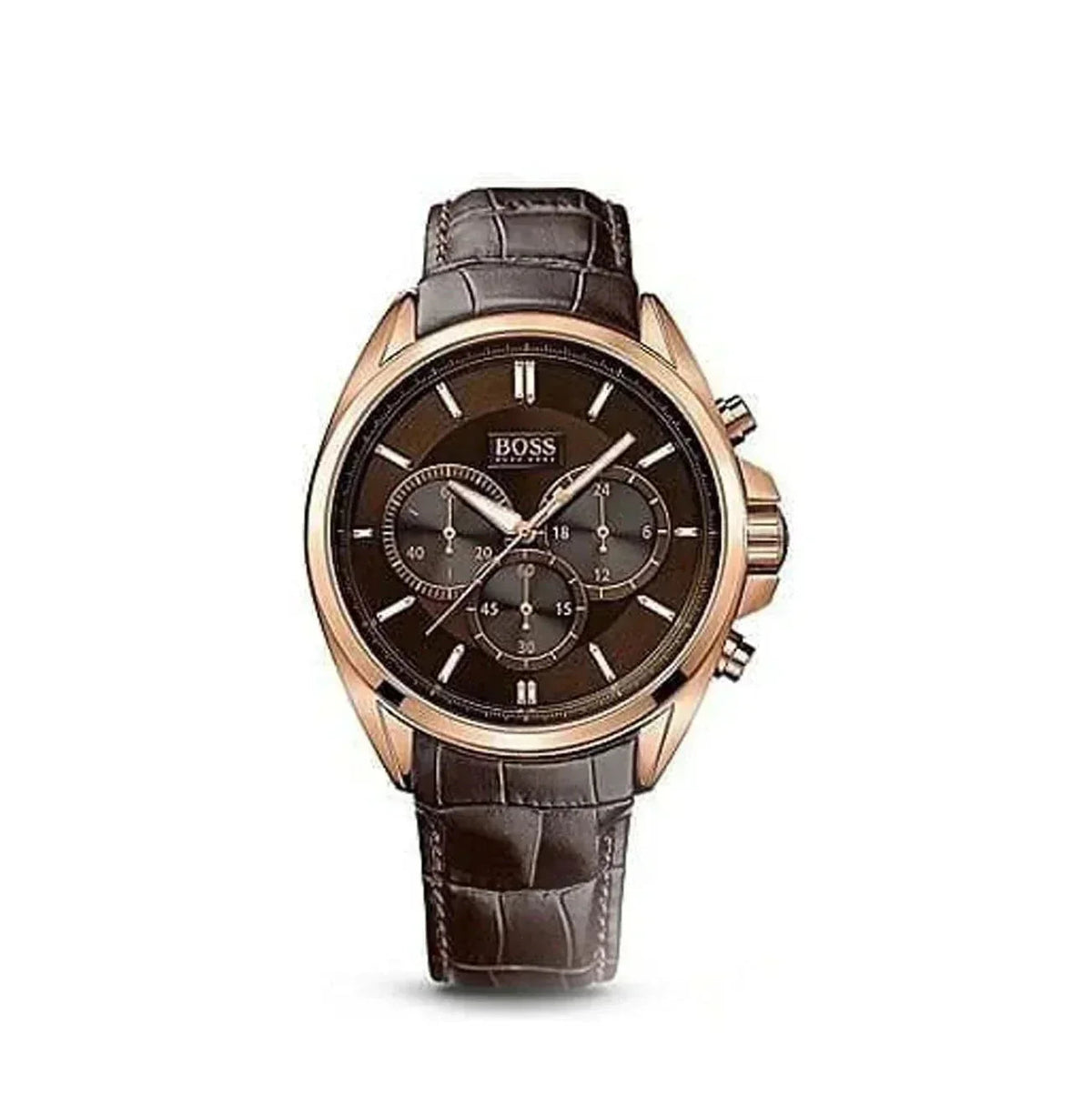 Men's brown leather chronograph watch with gold case and BOSS logo on dial