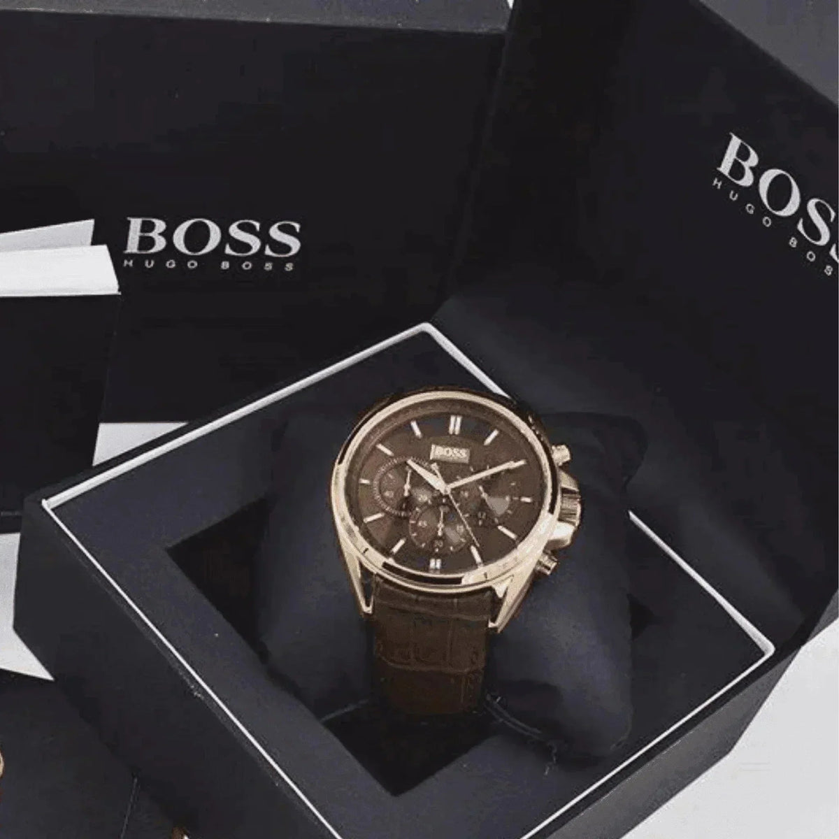 Brown leather Hugo Boss men's chronograph watch in original BOSS box packaging.