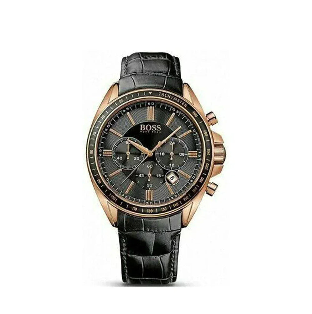 Men's black leather chronograph watch with gold case and textured dial, Boss branding