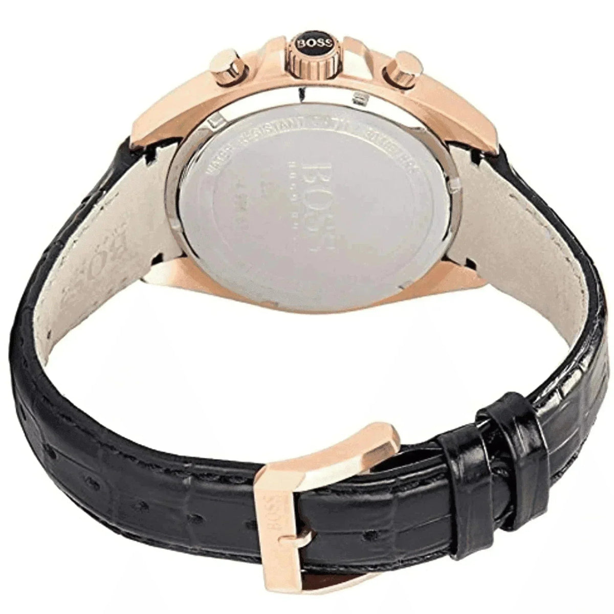 Back view of men's black leather chronograph watch with gold case and BOSS branding