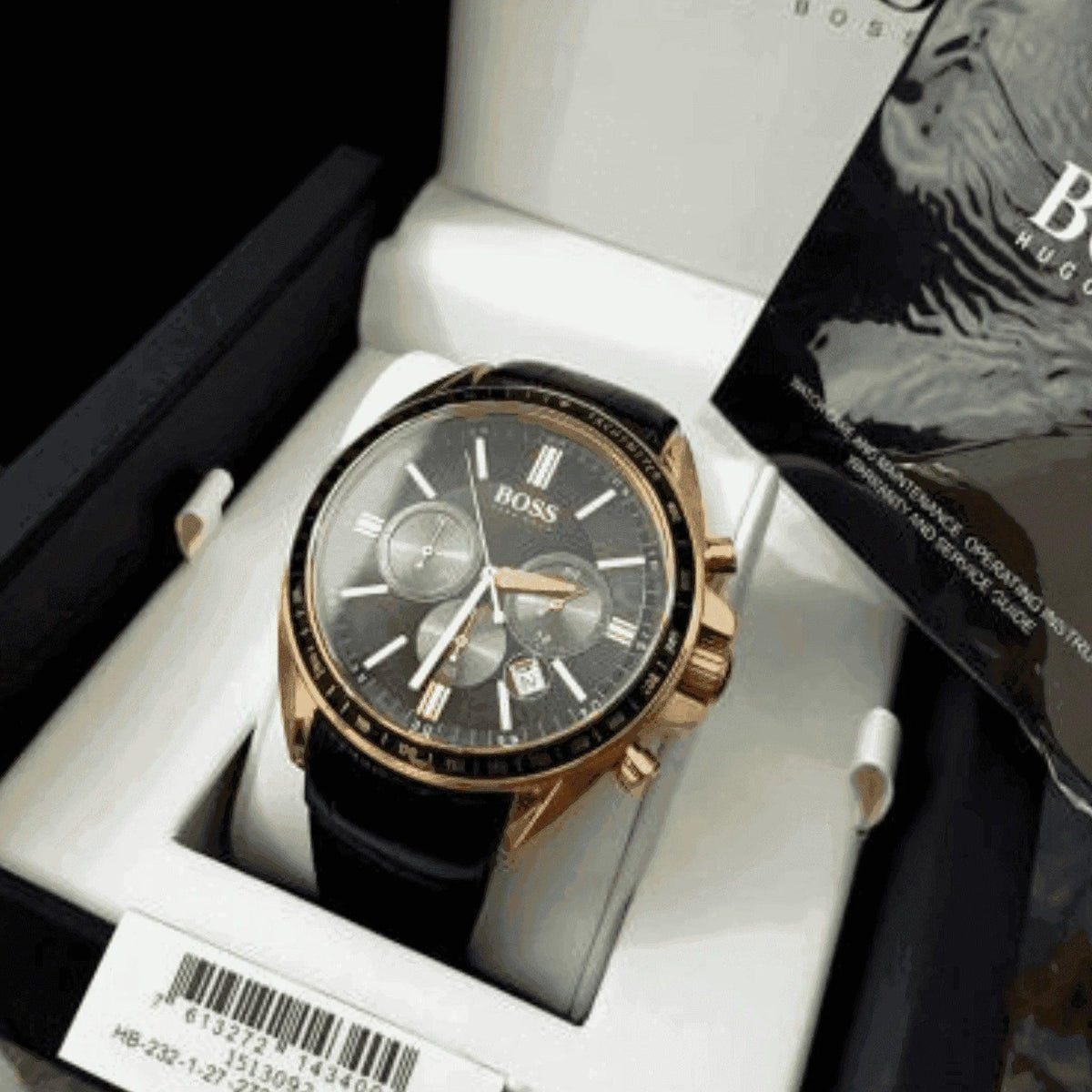 Hugo Boss men's chronograph watch with black leather strap in gift box