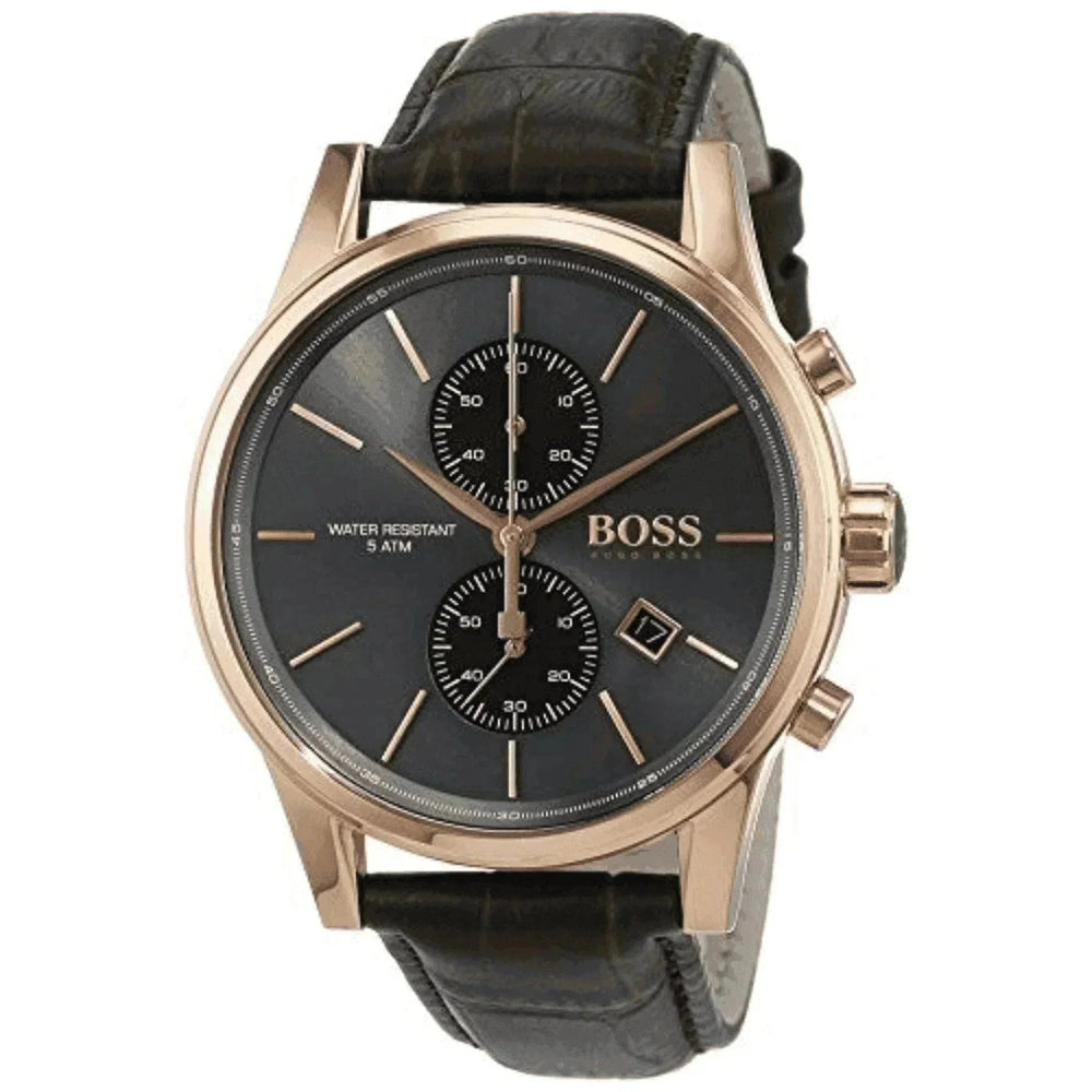 Men's brown leather chronograph watch with black dial and rose gold case, BOSS brand