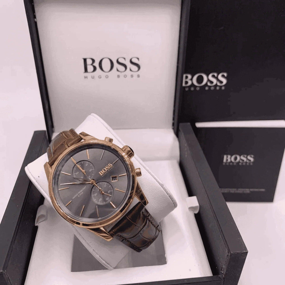 Hugo Boss men's chronograph watch with brown leather strap in branded box
