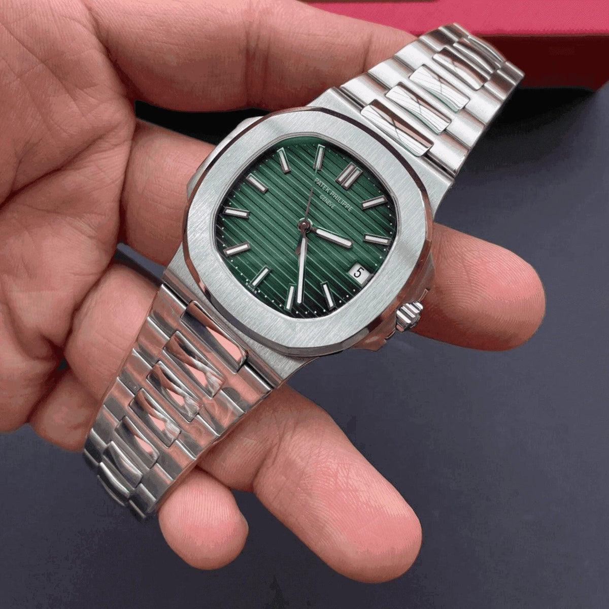 Patek Philippe Nautilus 5711A olive green dial luxury watch with stainless steel bracelet