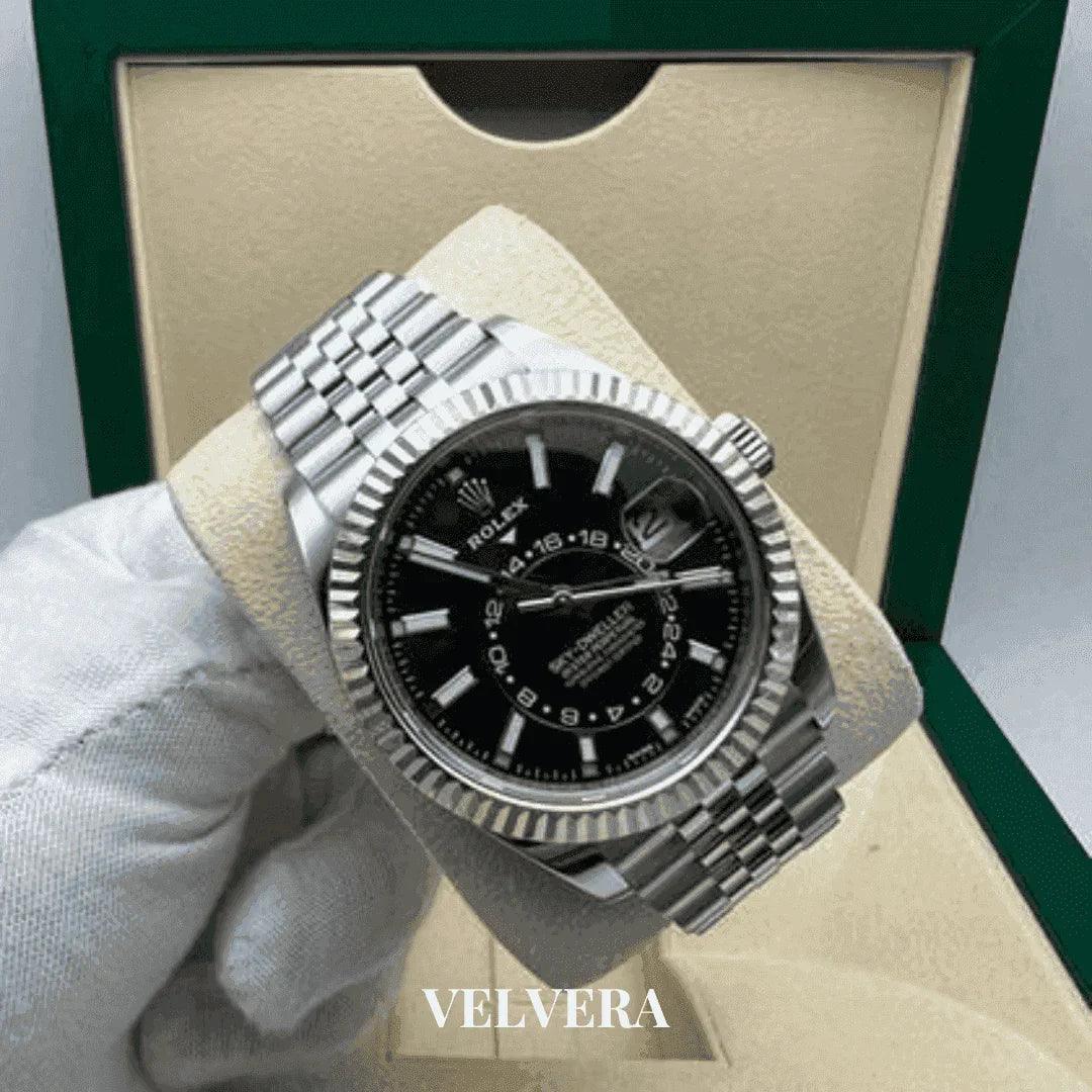 Silver Rolex Sky-Dweller men's watch with black dial on Jubilee bracelet in green box