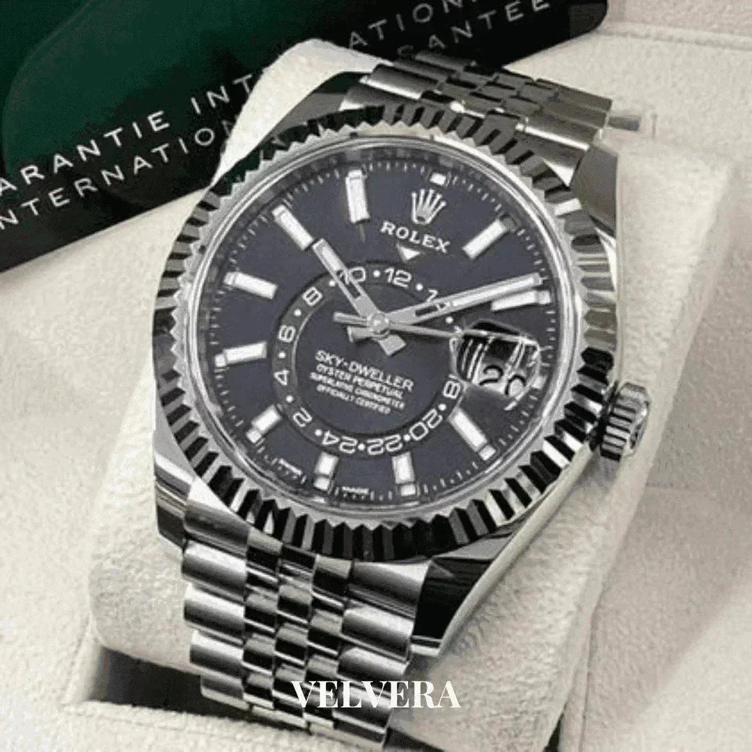 Rolex Sky-Dweller men's watch with jubilee bracelet on display, luxury timepiece by Velvera