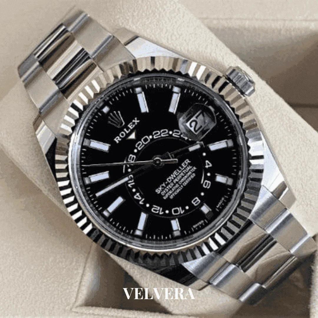 Rolex Sky-Dweller black dial men's watch with stainless steel jubilee bracelet, Velvera