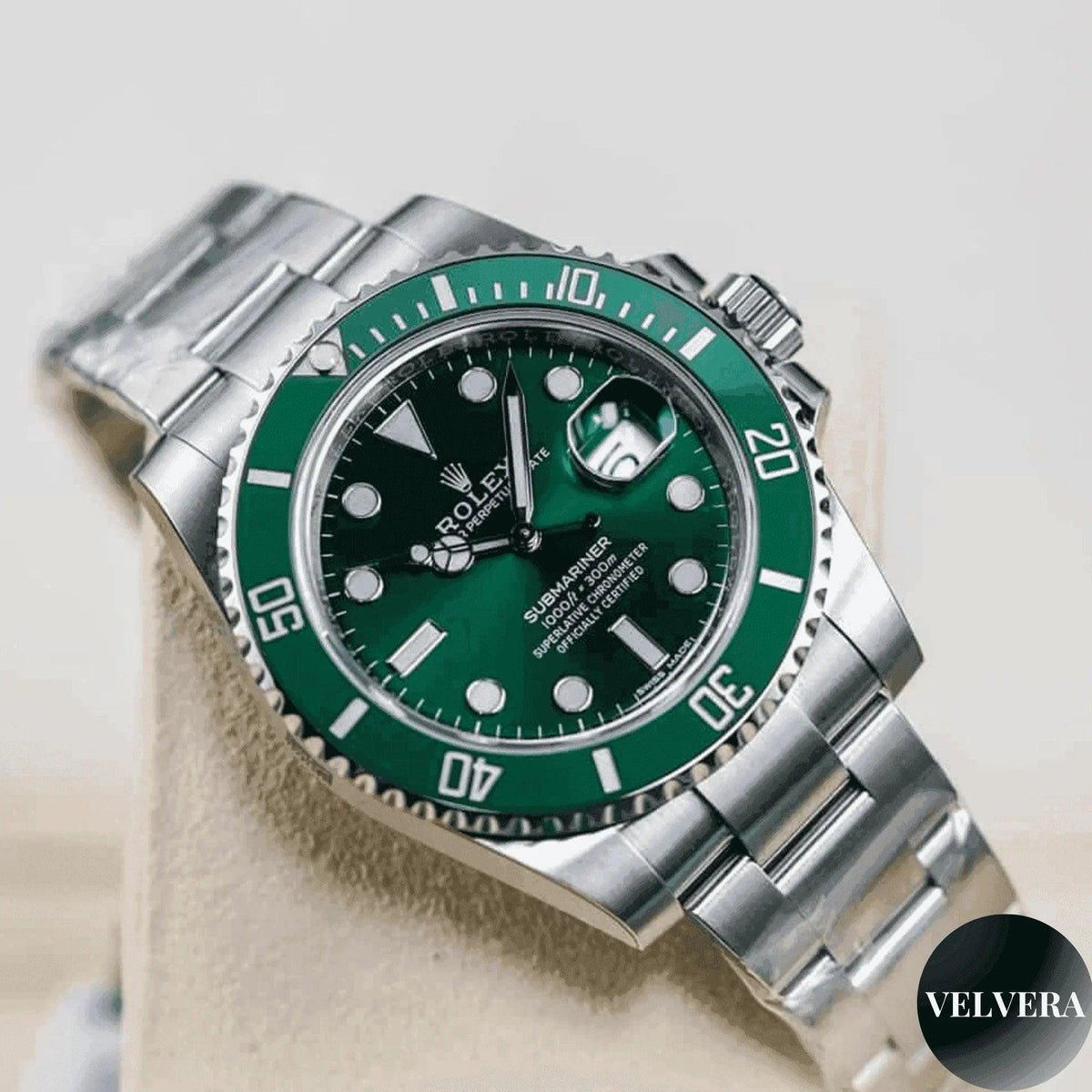 Rolex Submariner green Hulk 116610LV men's luxury watch on silver bracelet, Velvera