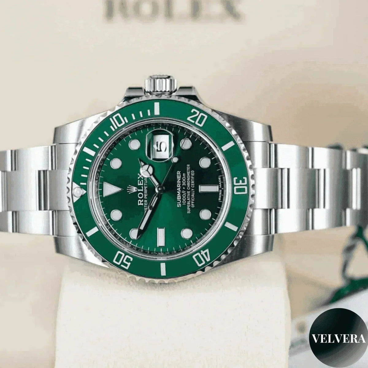 Rolex Submariner Hulk 116610LV men's luxury watch with green dial and bezel on display