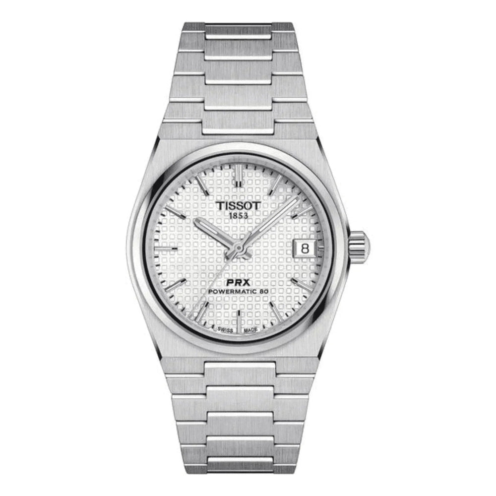 Tissot PRX Powermatic 80 men's watch with white textured dial and stainless steel bracelet