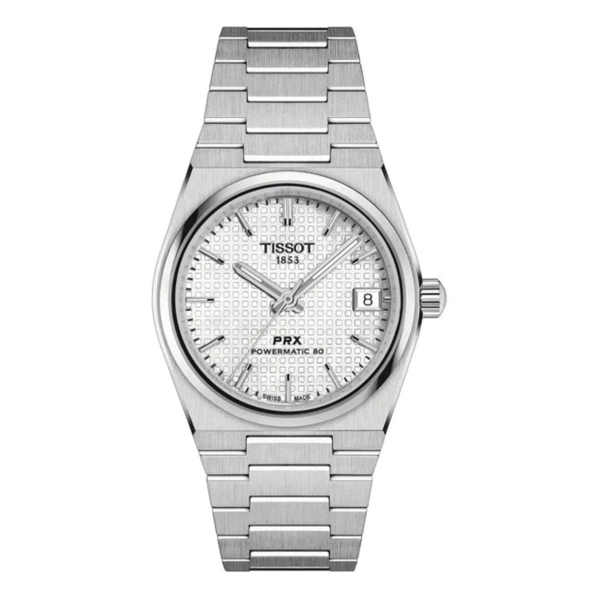 Tissot PRX Powermatic 80 men's watch with white textured dial and stainless steel bracelet