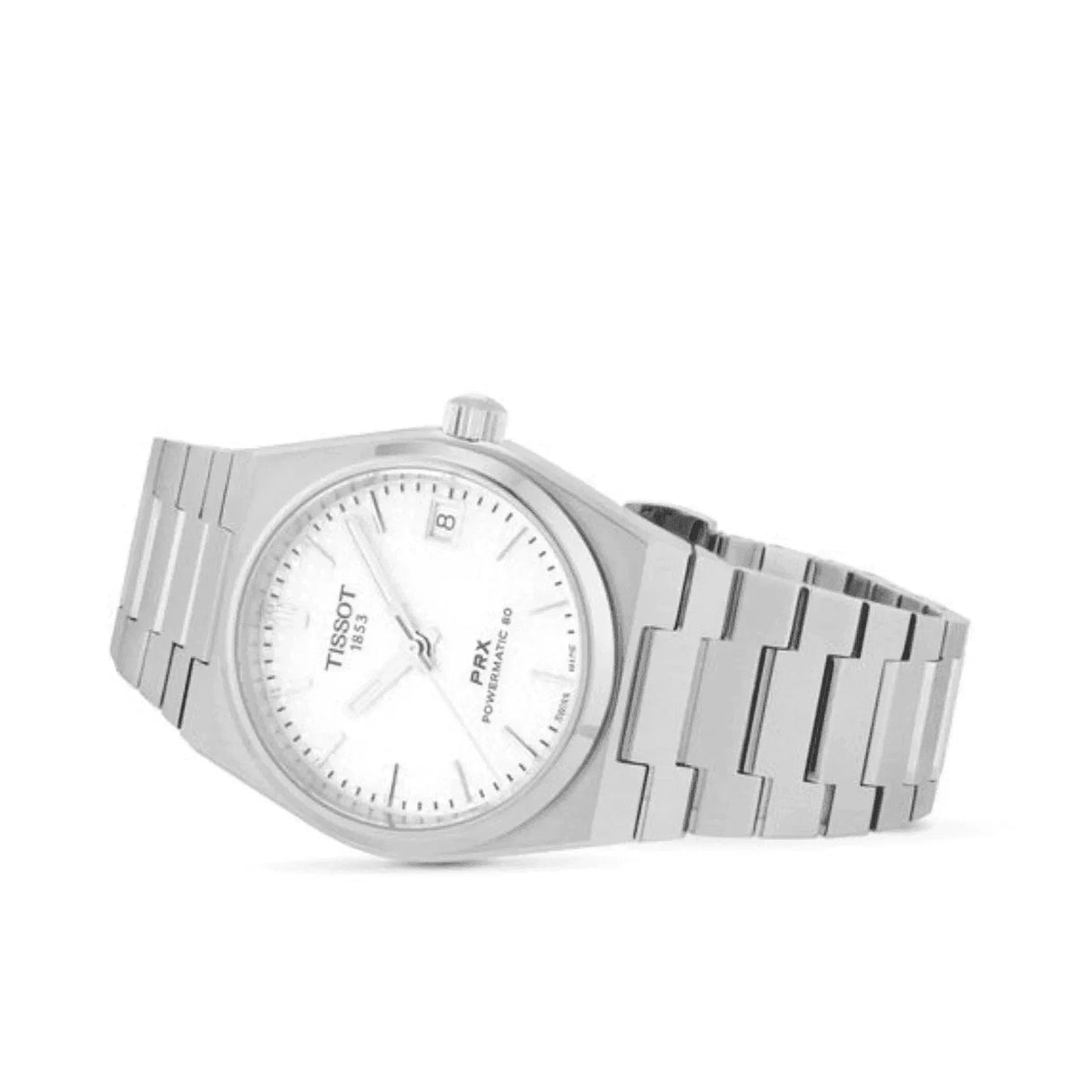 Tissot PRX Powermatic 80 men's watch with white dial and stainless steel bracelet