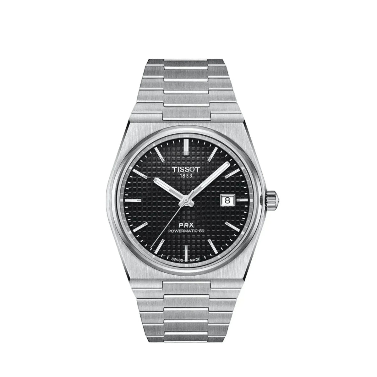 Tissot PRX Powermatic 80 men's watch with black textured dial and stainless steel bracelet