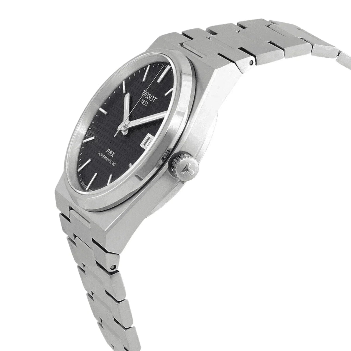Tissot PRX Powermatic 80 men's watch with black dial and silver stainless steel bracelet.