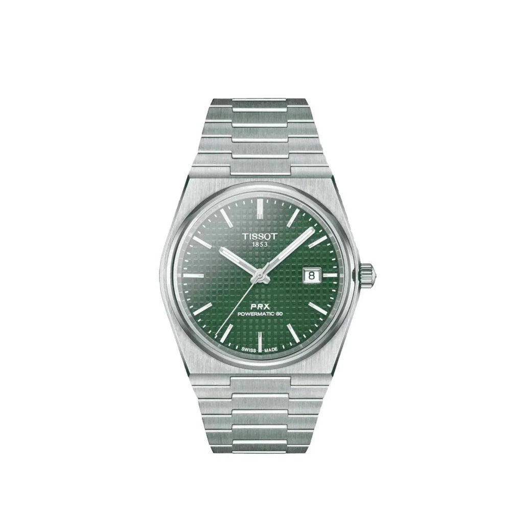 Tissot PRX Powermatic 80 men's watch with green textured dial and silver bracelet