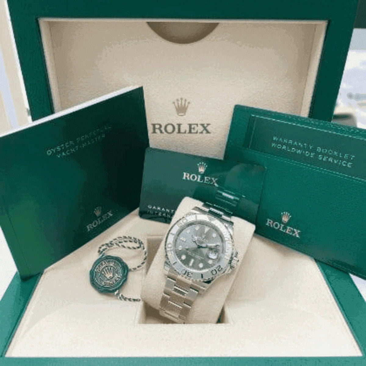 Rolex Yacht-Master 40mm men's watch with gray dial in green presentation box, warranty cards