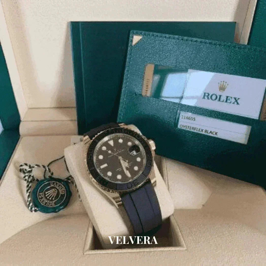 Rolex Yacht-Master watch with black Oysterflex band in green box, Velvera branding